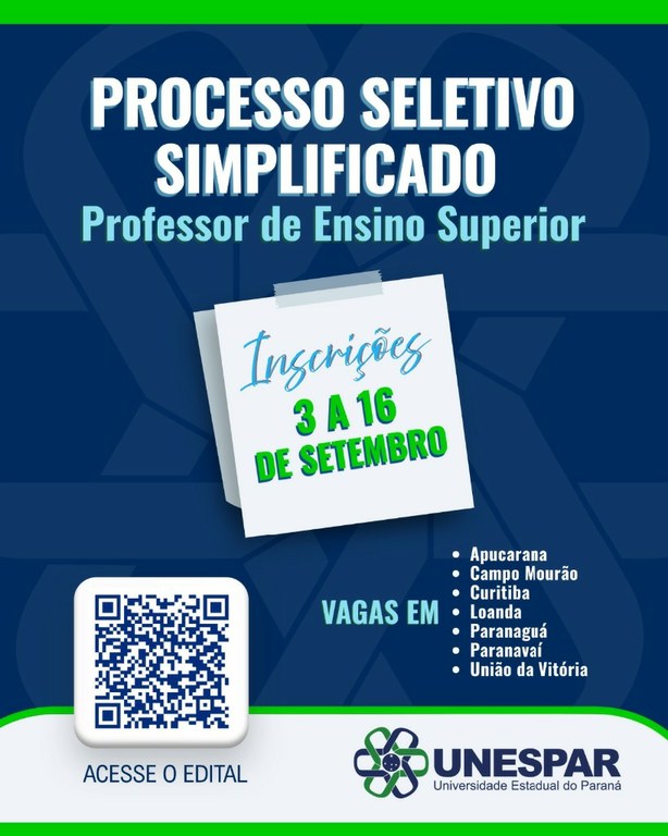 Unespar abre inscrições de PSS para contratação de 161 docentes temporários