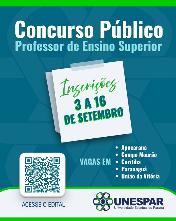 Unespar abre inscrições em Concurso Público para contratação de 26 docentes
