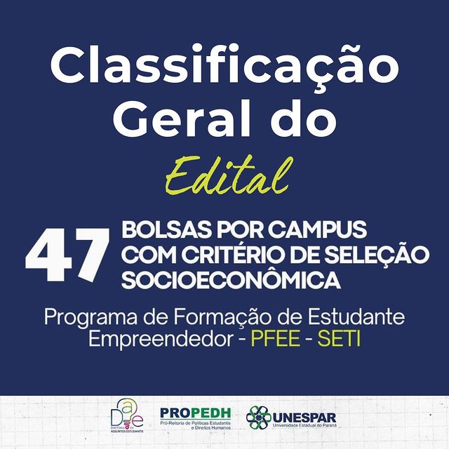 Classificação Geral das inscrições para o Programa de Formação de Estudante Empreendedor (PFEE) da Unespar