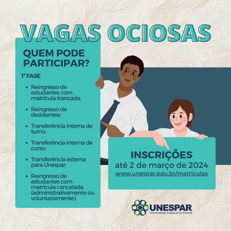 Inscrições abertas para vagas ociosas em cursos de graduação da Unespar 2024