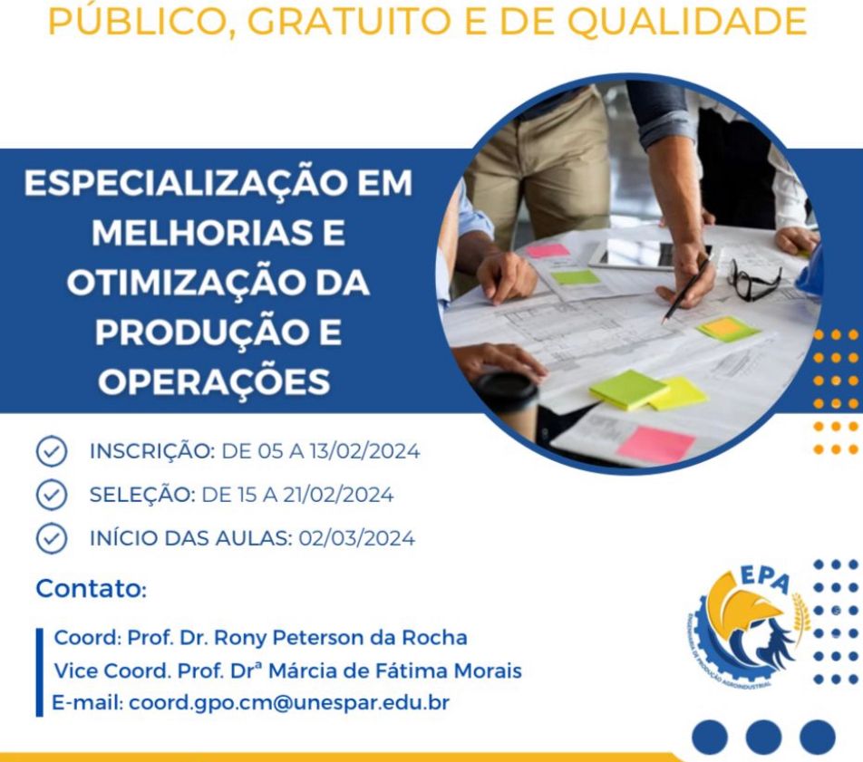 Inscrições abertas para o curso de Especialização em Melhorias e Otimização da Produção e Operações