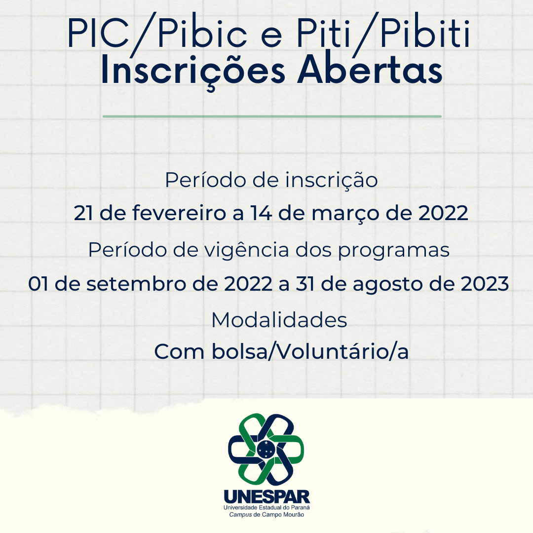 PIC/Pibic e Piti/Pibiti abrem inscrições - Unespar de Campo Mourão