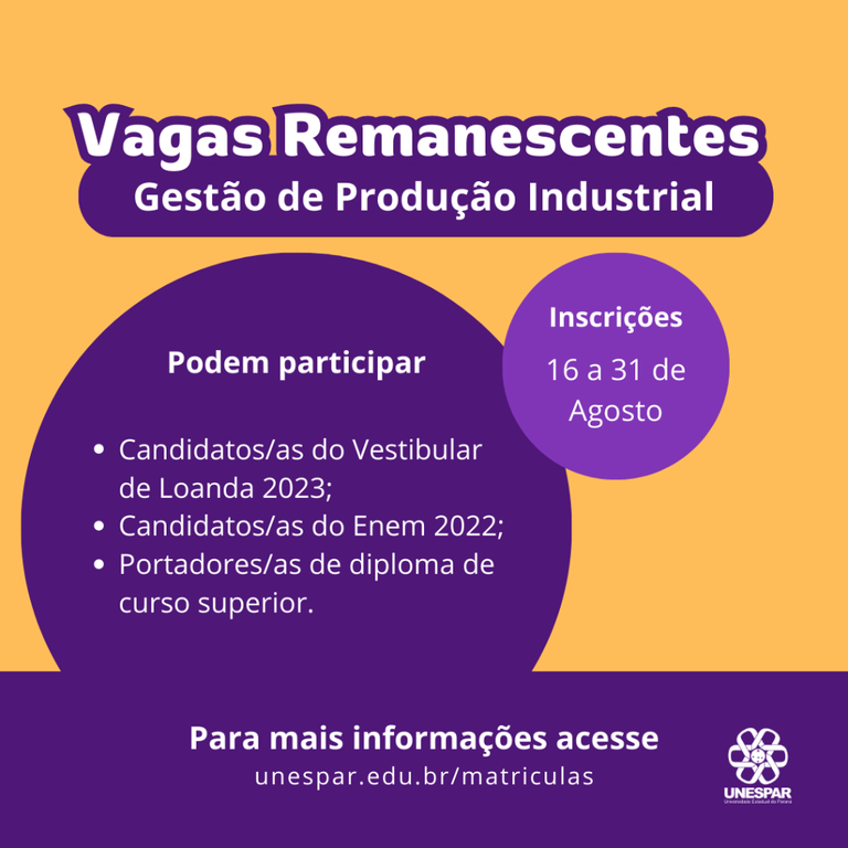 Unespar abre vagas remanescentes para Gestão de Produção Industrial